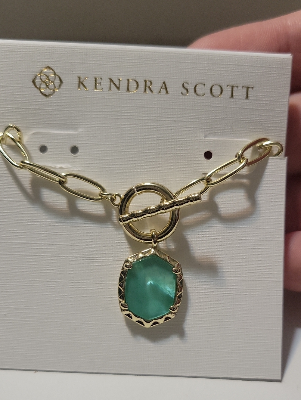 Kendra Scott Gold Link Necklace with Teal Green Pendant